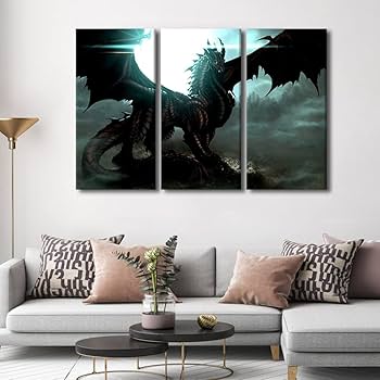 Amazon.co.jp: 3パネル ウォールアート 古代ドラゴンの絵画 黒と
